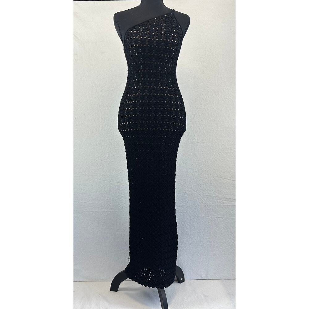 Aqua & Liat Baruch Black Crochet Maxi Dress One Shoulder SZ S Mediterranean Boho